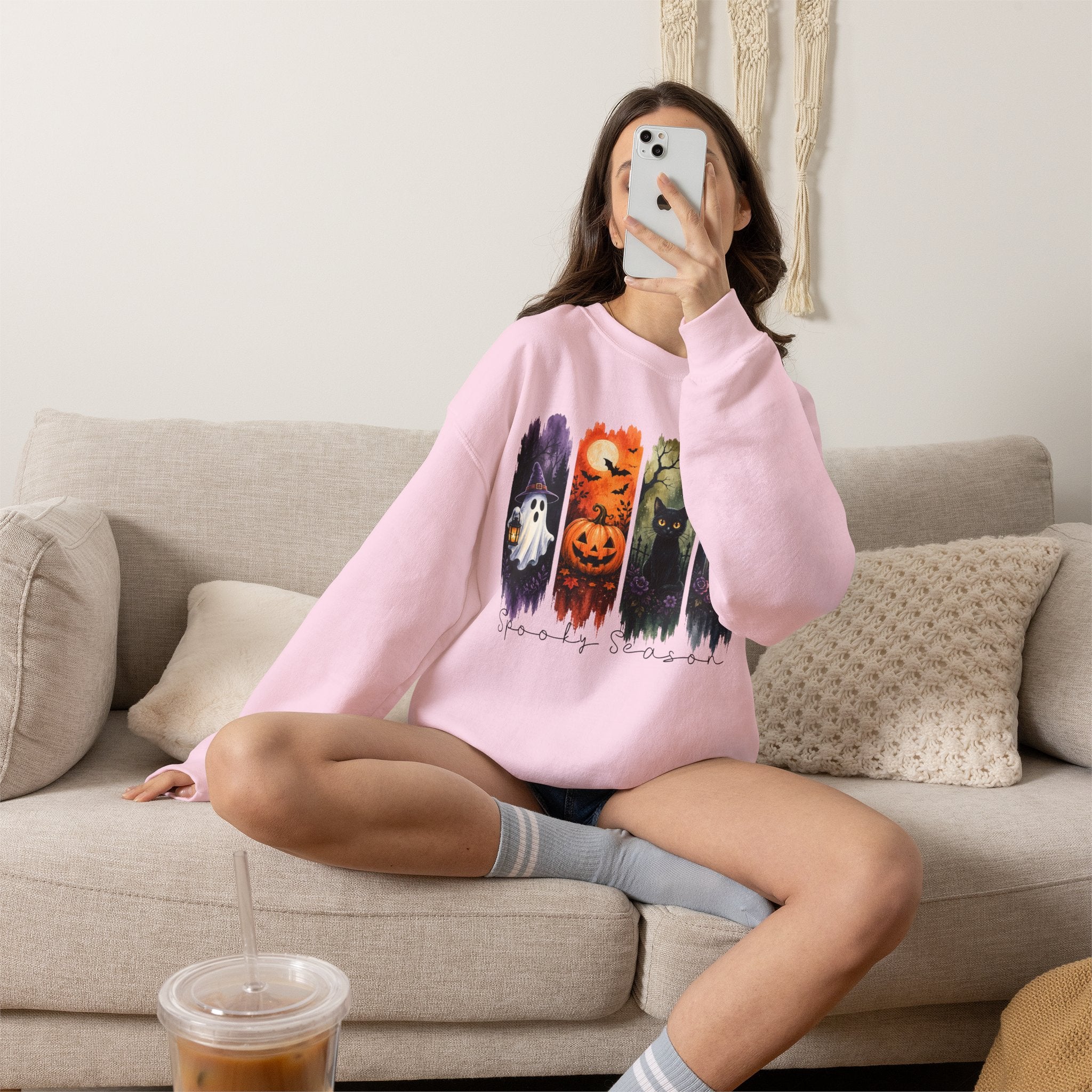 Halloween Seasons Crewneck Sweatshirt — Spooky Ghost, Jack-o'-Lantern & Haunted Night Design