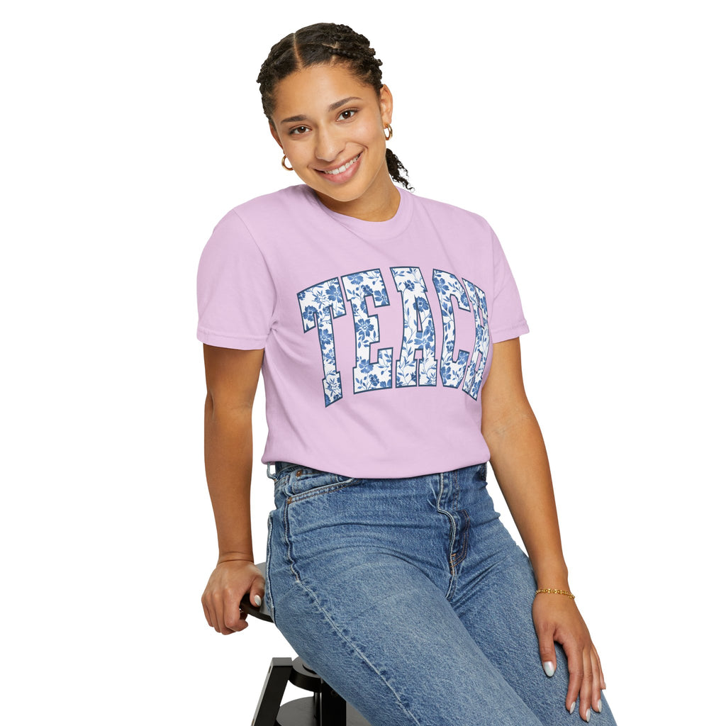 Teacher Floral Arch T-Shirt — 'TEACH' Blue Floral Print Tee