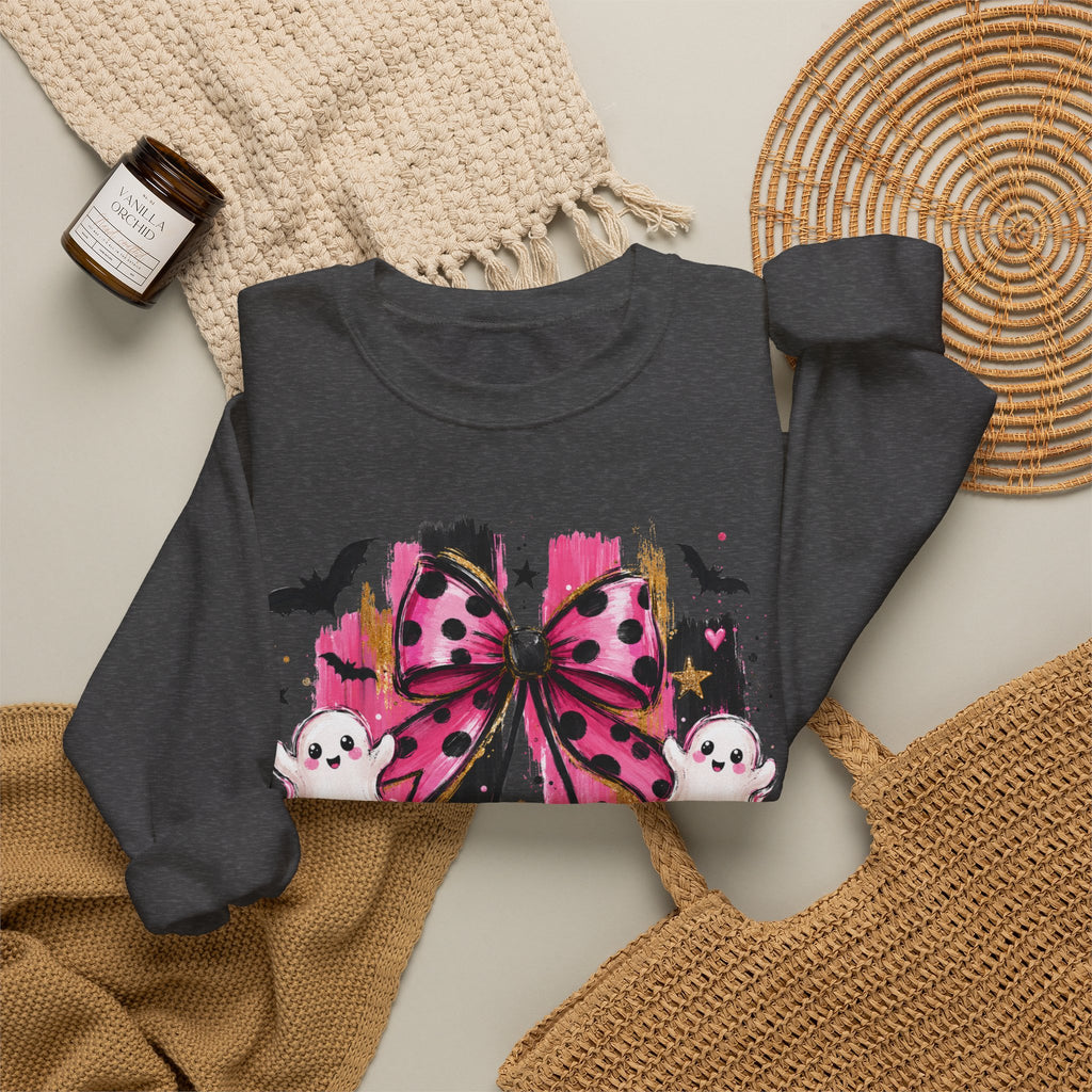 Halloween Pink Pumpkins Crewneck Sweatshirt — Cute Ghosts & Polka Dot Bow Design