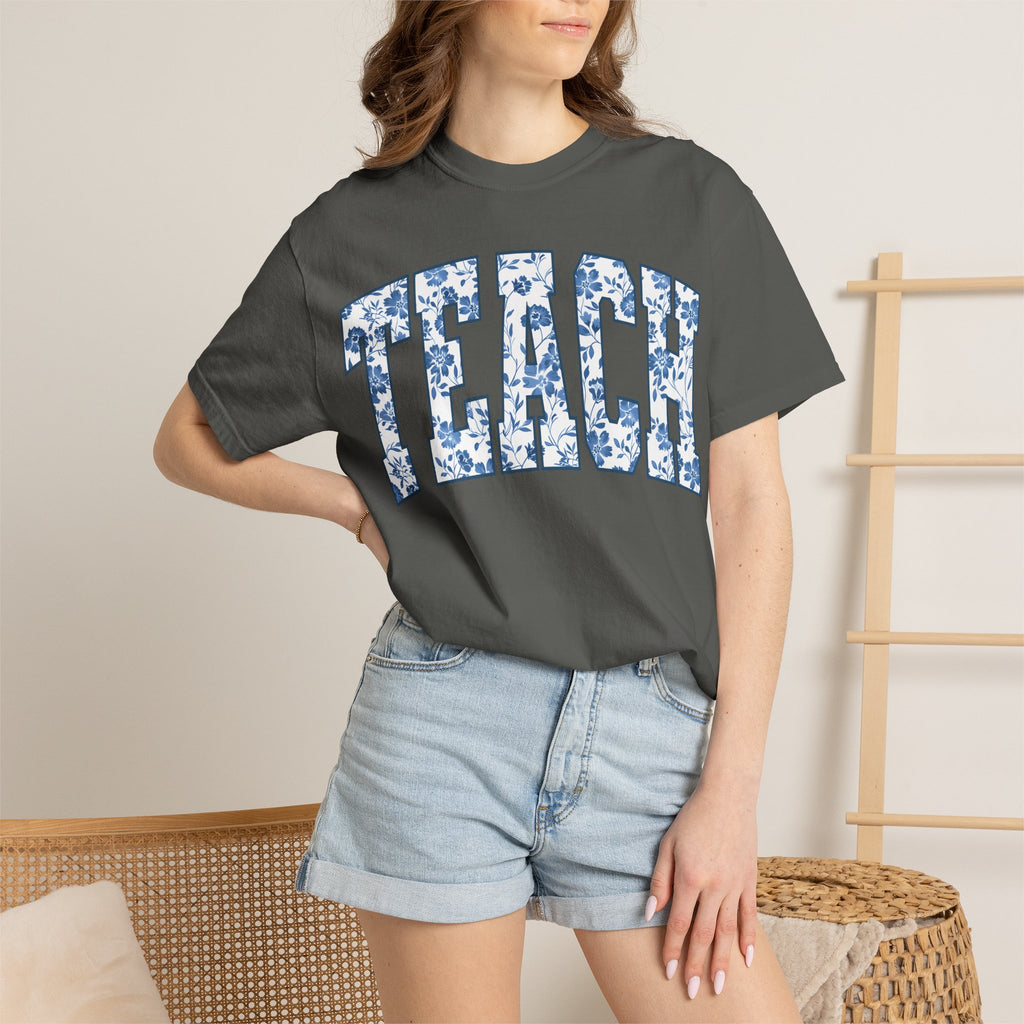 Teacher Floral Arch T-Shirt — 'TEACH' Blue Floral Print Tee