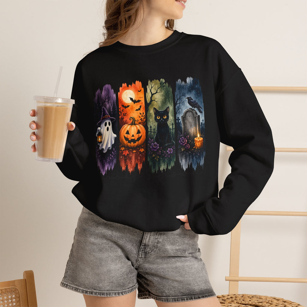 Halloween Seasons Crewneck Sweatshirt — Spooky Ghost, Jack-o'-Lantern & Haunted Night Design