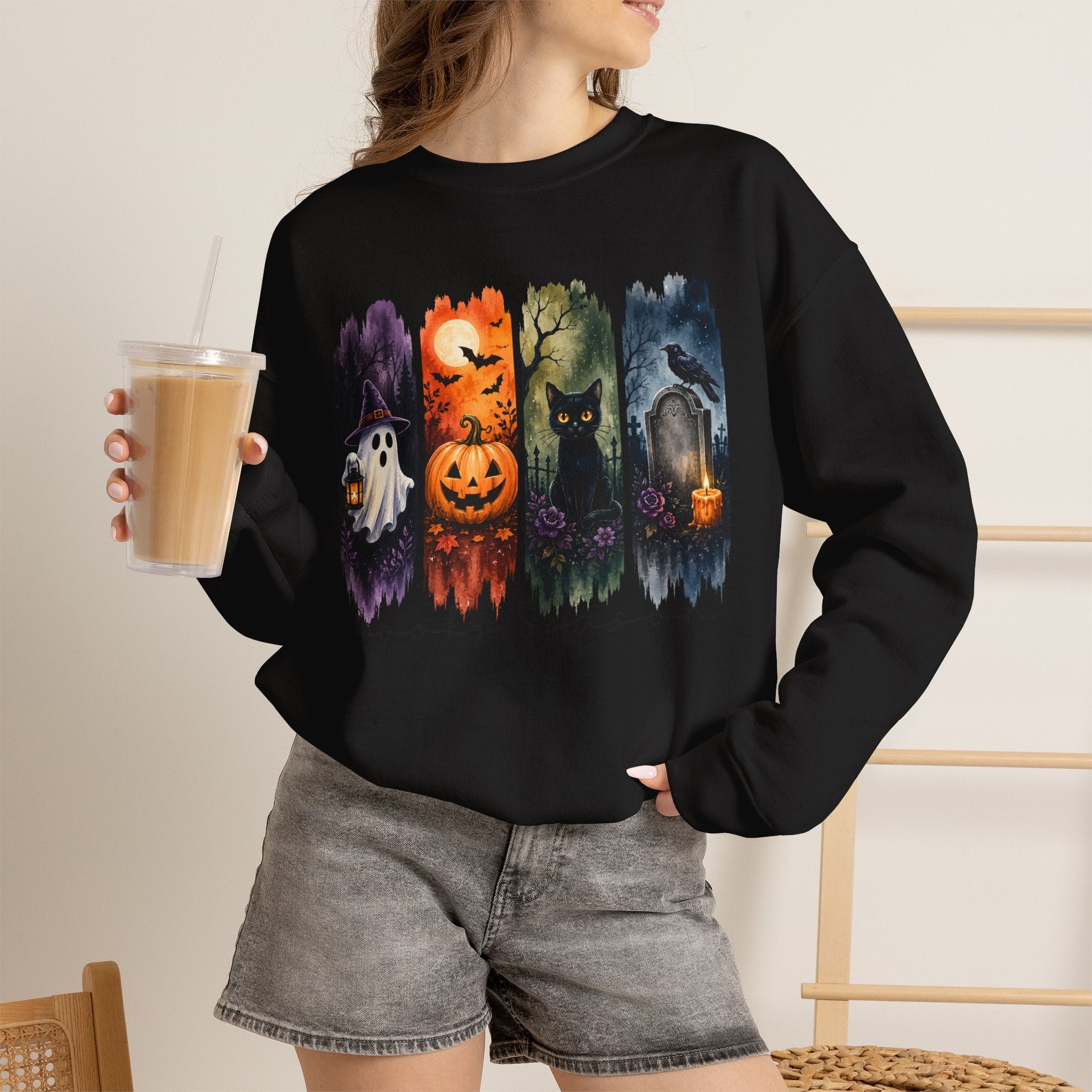 Halloween Seasons Crewneck Sweatshirt — Spooky Ghost, Jack-o'-Lantern & Haunted Night Design