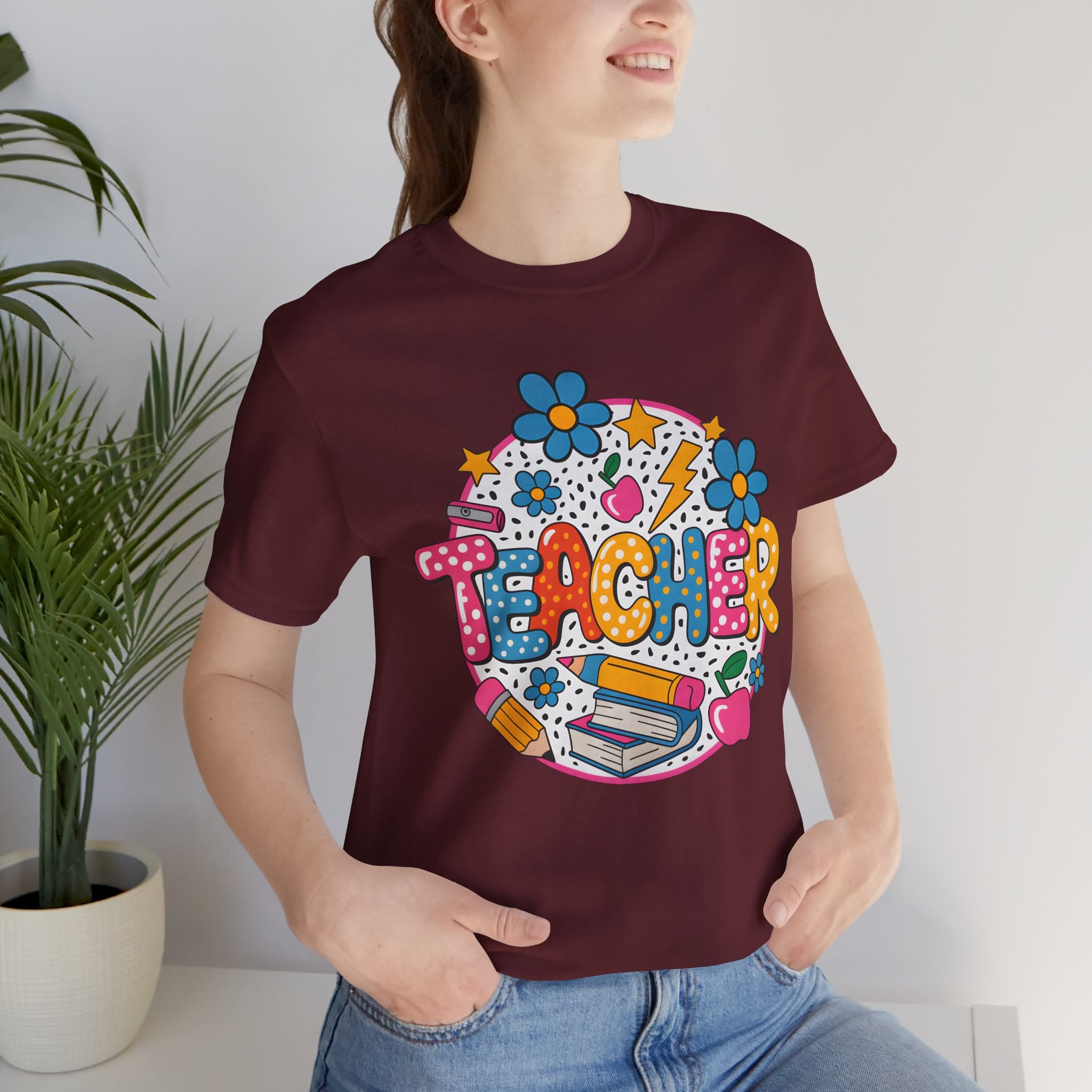 Teacher Doodle Graphic Tee — Colorful School Supplies Design