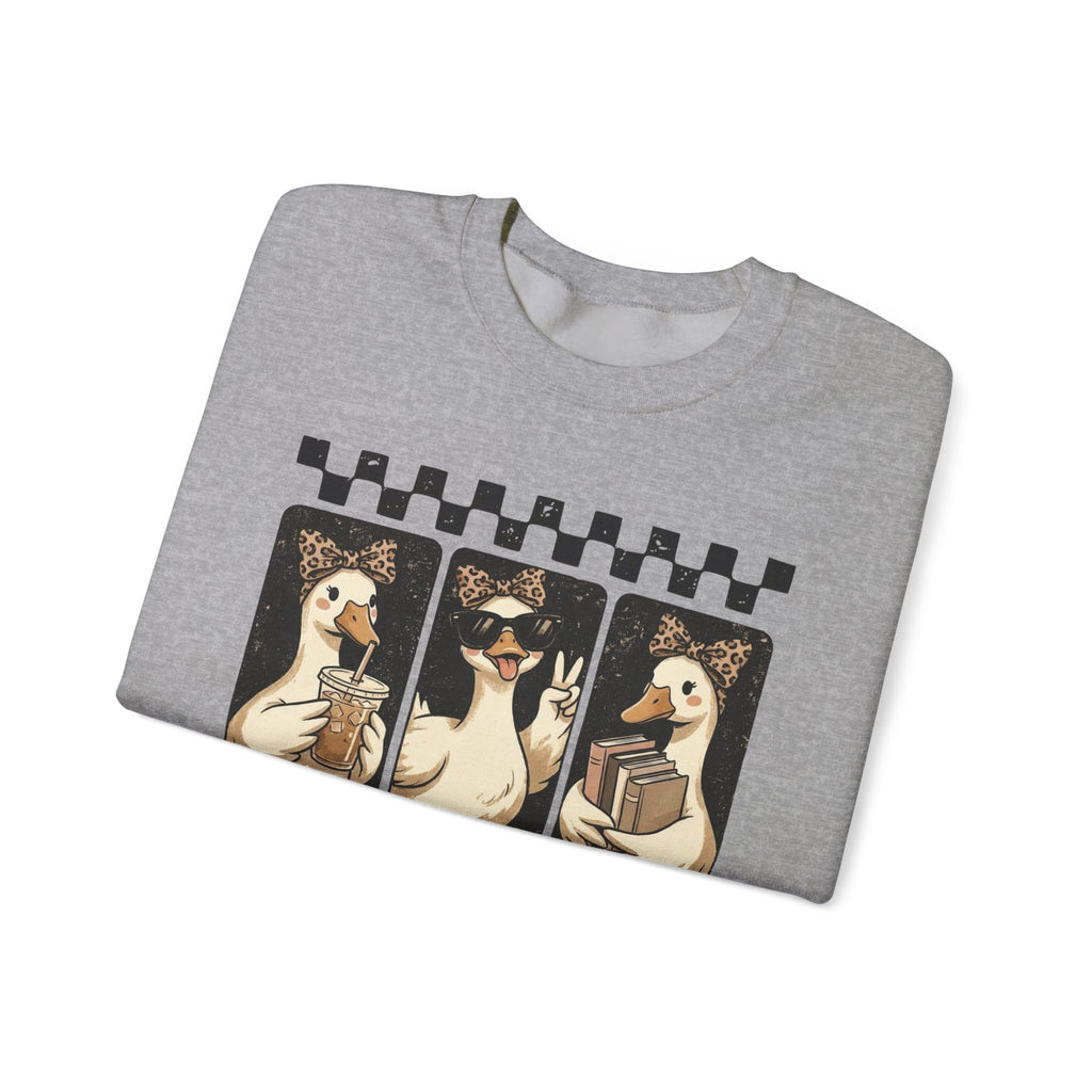 Duck Trio Crewneck Sweatshirt — Vintage Checkered Retro Goose Illustration