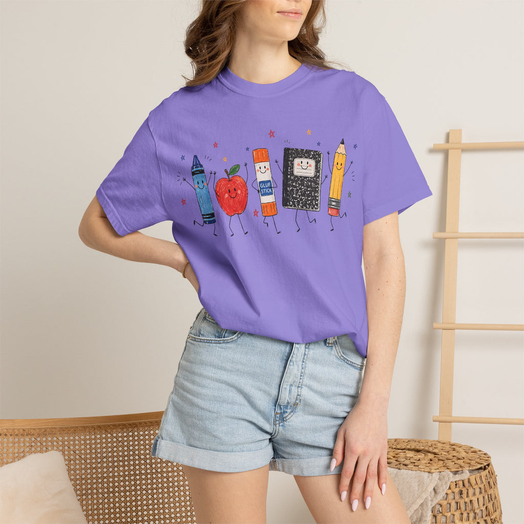 Cute School Supplies Teacher T-Shirt — Happy Apple, Crayon & Pencil Graphic Tee