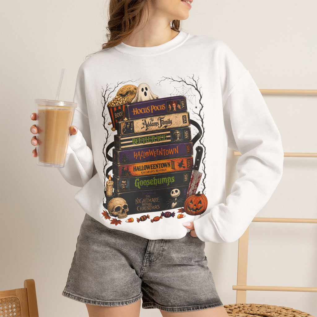 Halloween Book Stack Crewneck Sweatshirt — Spooky Classics Stack with Pumpkin & Skulls