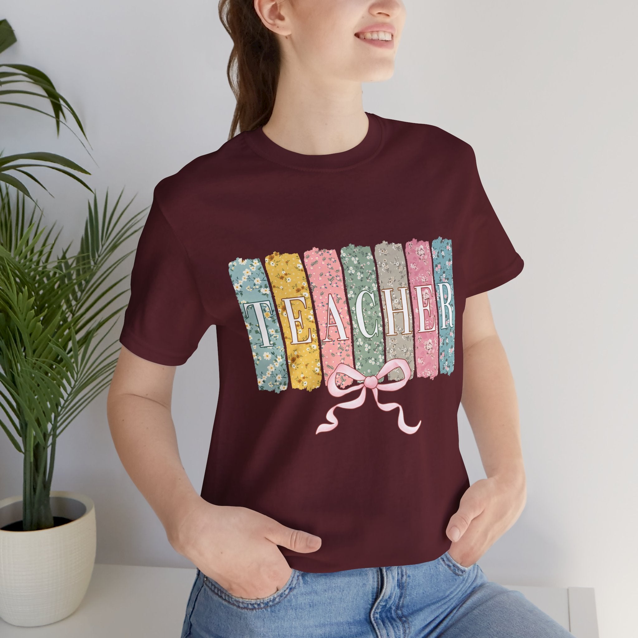Teacher Floral Stripe T-Shirt - Pastel Ribbon Classroom Gift