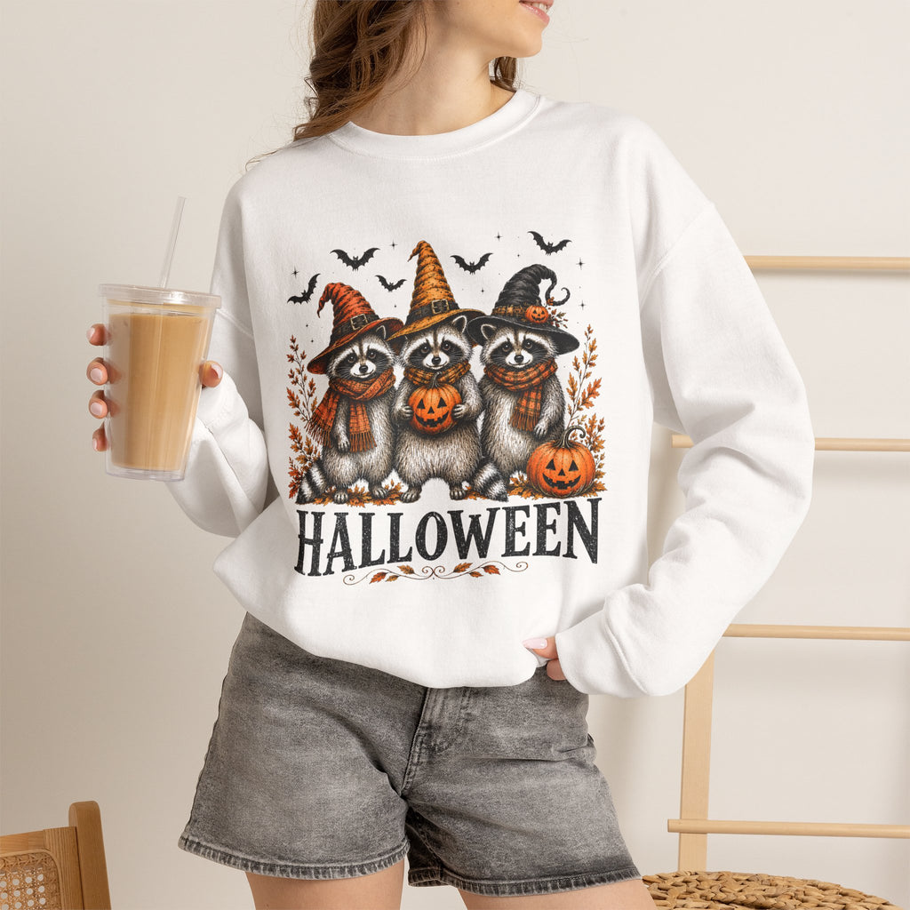 Halloween Raccoon Crewneck Sweatshirt — Cute Witch Hats & Pumpkin Design