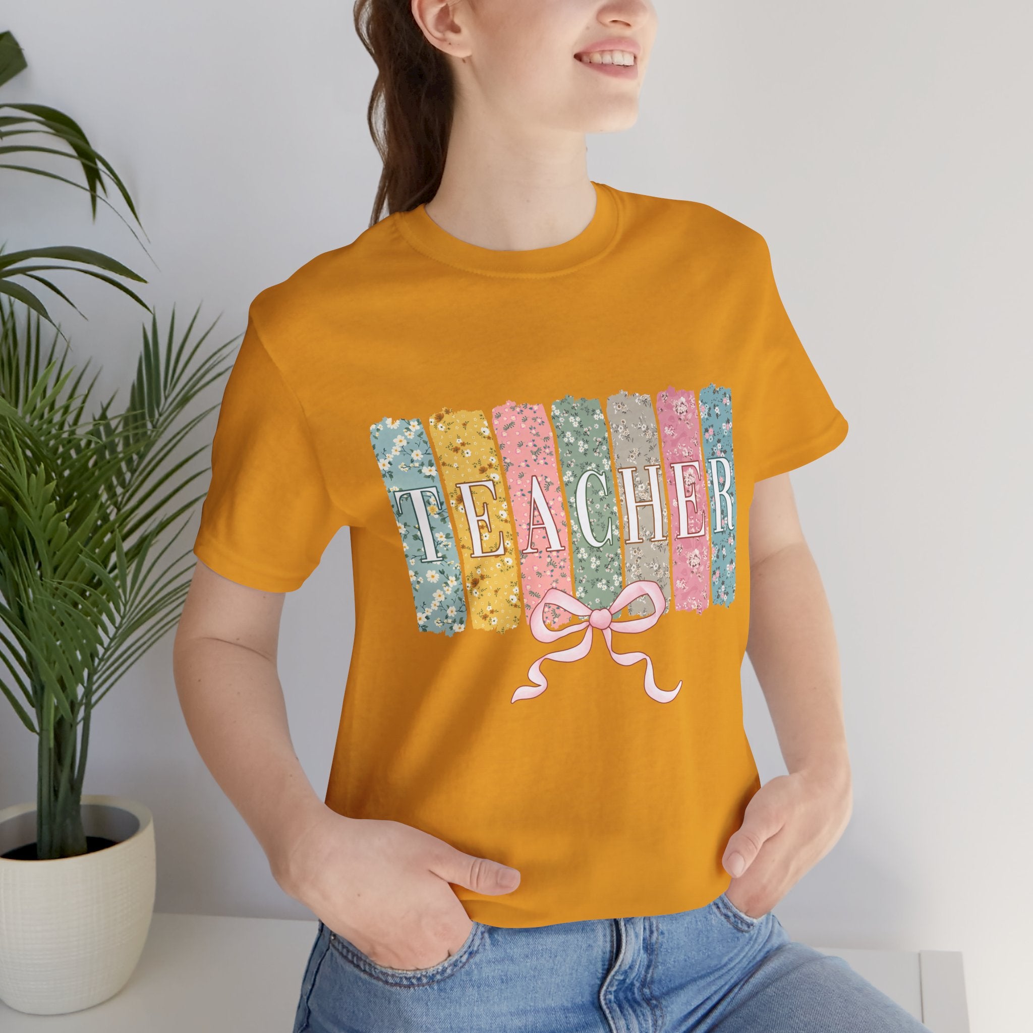 Teacher Floral Stripe T-Shirt - Pastel Ribbon Classroom Gift