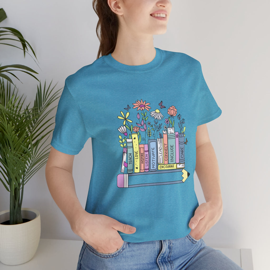 Book Lover T‑Shirt — Teacher Floral Books & Pencil Illustration Tee