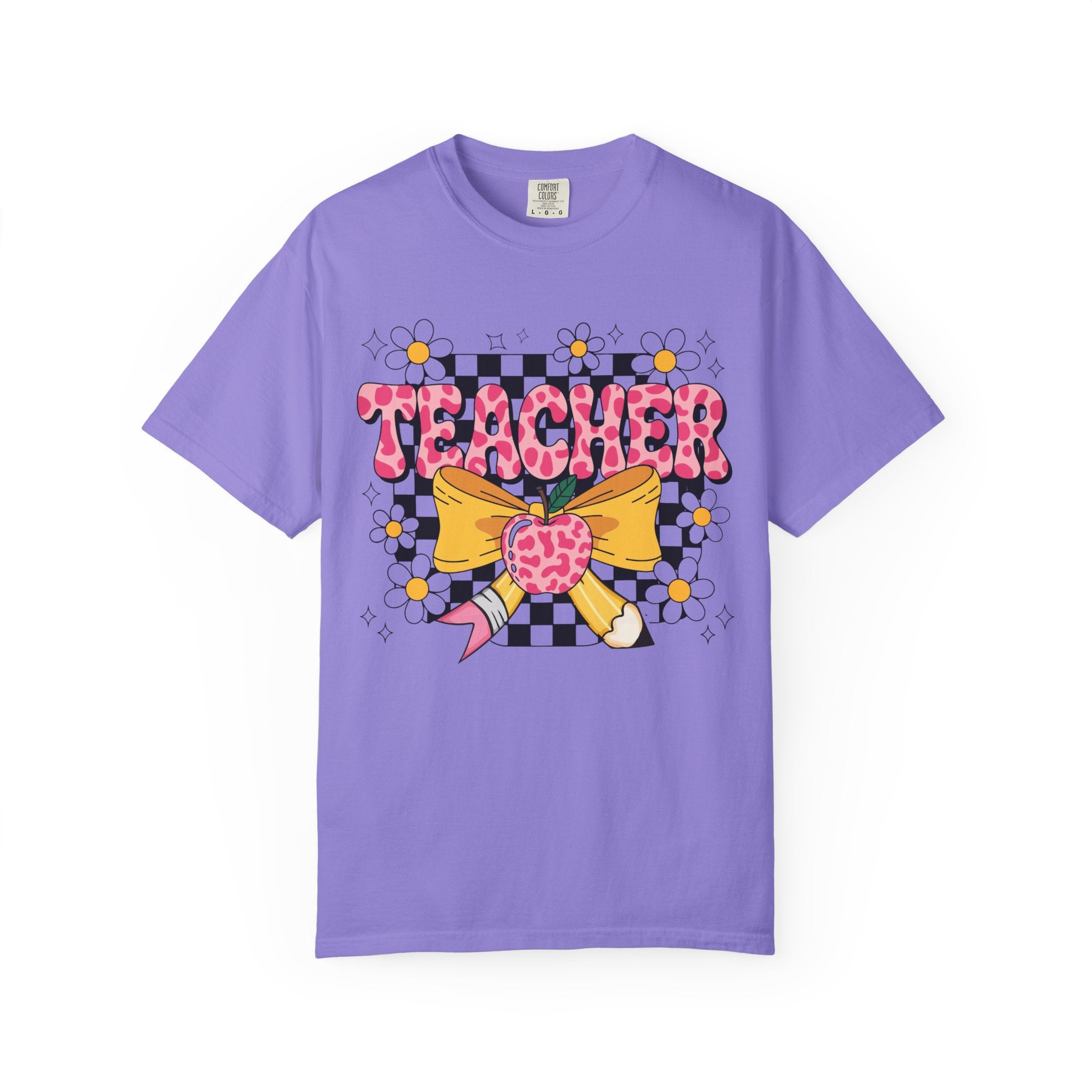 Teacher Floral Bow T‑Shirt — Cute Checkerboard & Heart Design for Educators