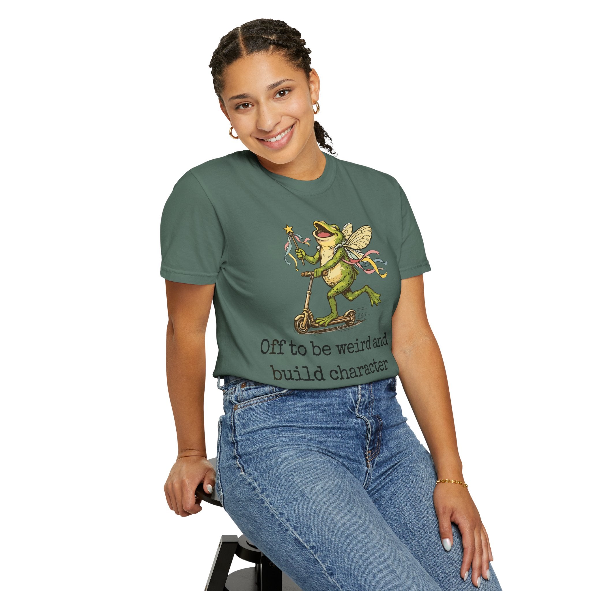 Frog Fairy T-Shirt — "Off to be weird and build character" Cute Whimsical Graphic Tee