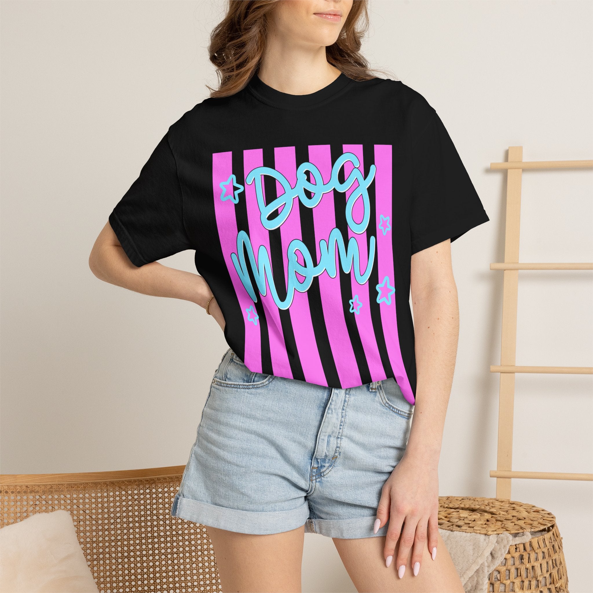 Dog Mom T-Shirt — Pastel Striped Graphic Tee for Pet Lovers