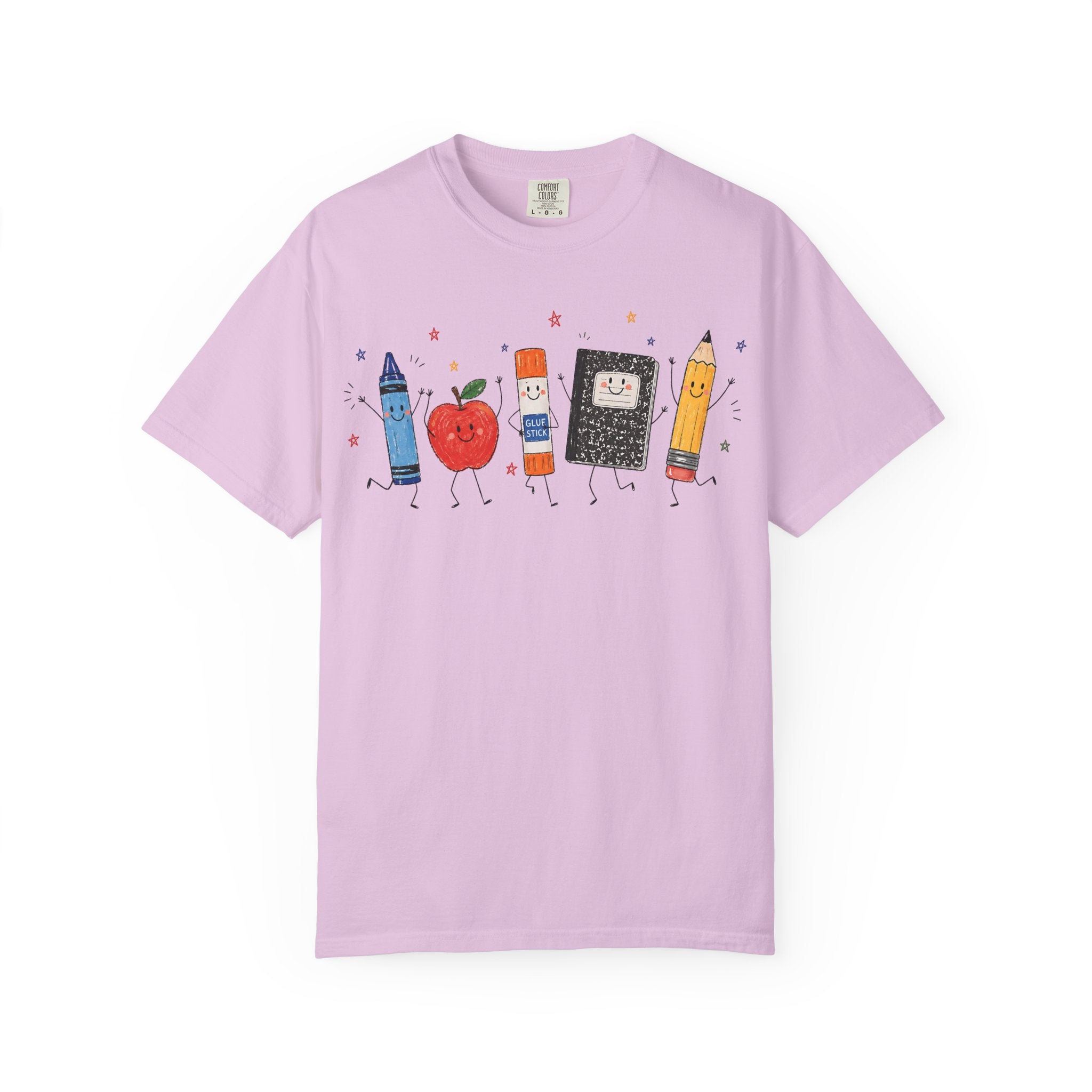 Cute School Supplies Teacher T-Shirt — Happy Apple, Crayon & Pencil Graphic Tee