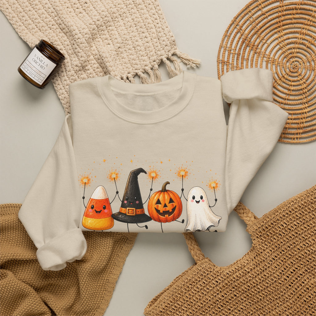 Halloween Friends Crewneck Sweatshirt — Cute Candy Corn, Witch Hat, Jack-o'-Lantern & Ghost Design