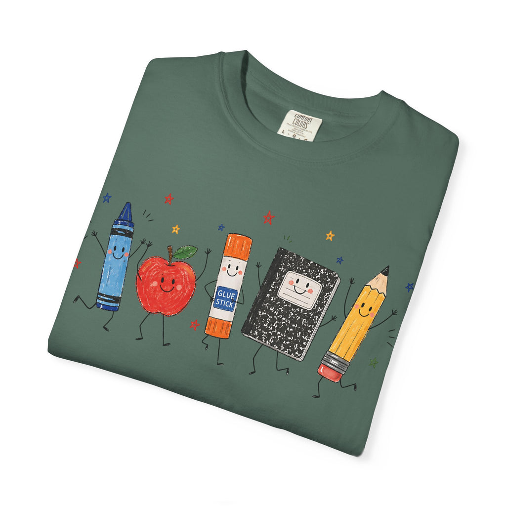 Cute School Supplies Teacher T-Shirt — Happy Apple, Crayon & Pencil Graphic Tee