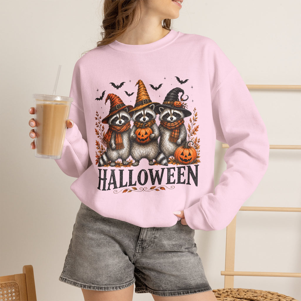 Halloween Raccoon Crewneck Sweatshirt — Cute Witch Hats & Pumpkin Design