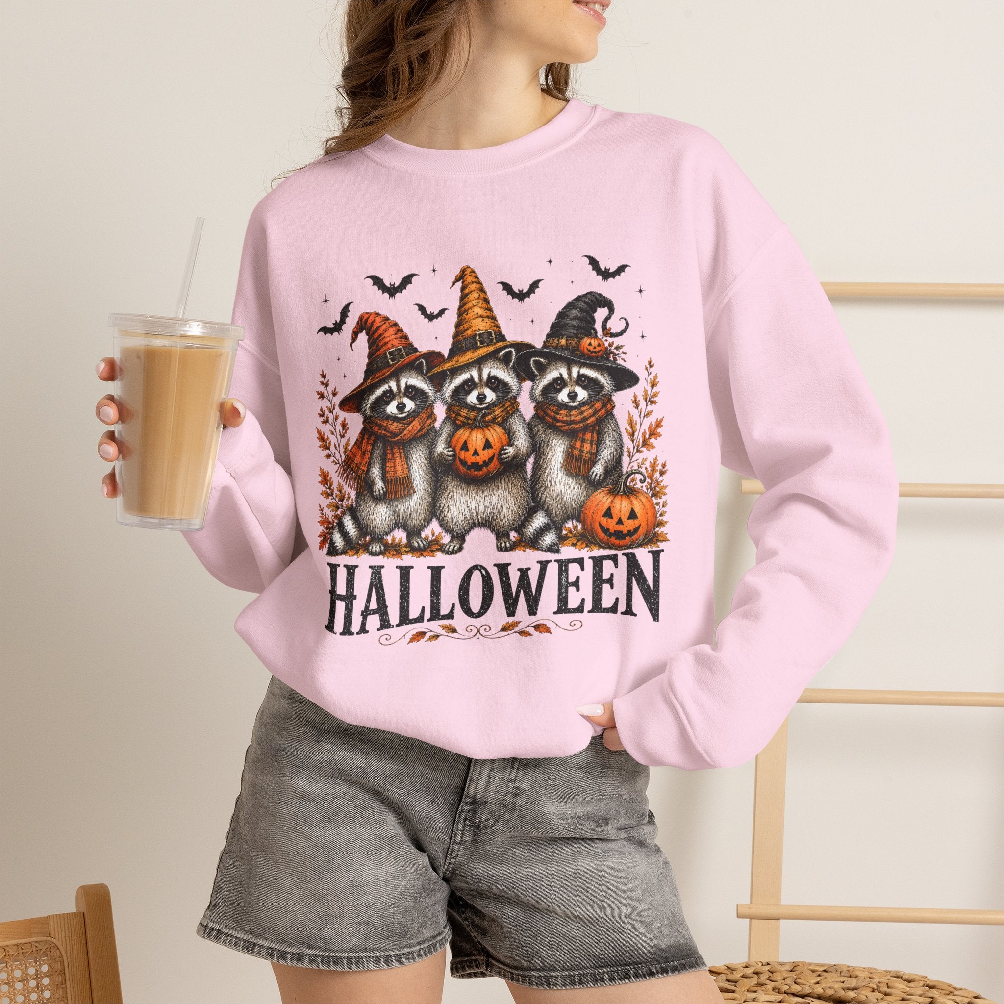 Halloween Raccoon Crewneck Sweatshirt — Cute Witch Hats & Pumpkin Design