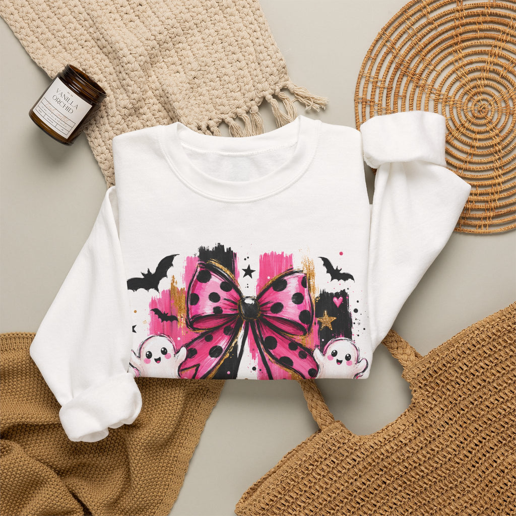 Halloween Pink Pumpkins Crewneck Sweatshirt — Cute Ghosts & Polka Dot Bow Design