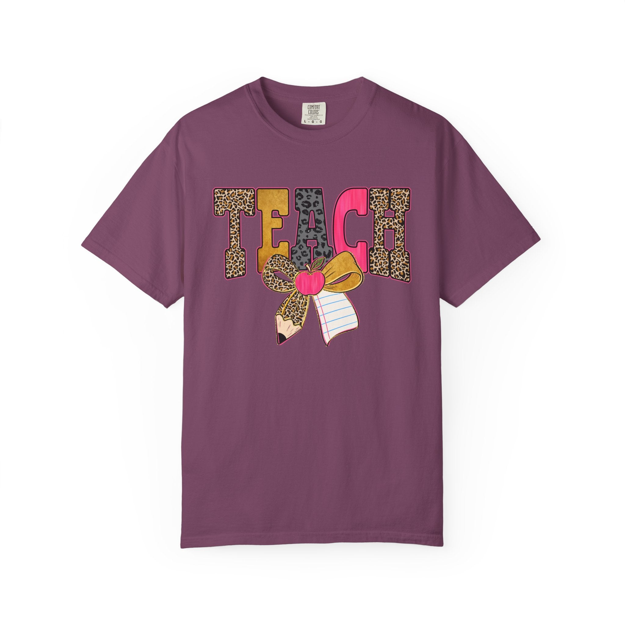 Teacher Graphic Tee — 'TEACH' Leopard Print Pencil Bow Design