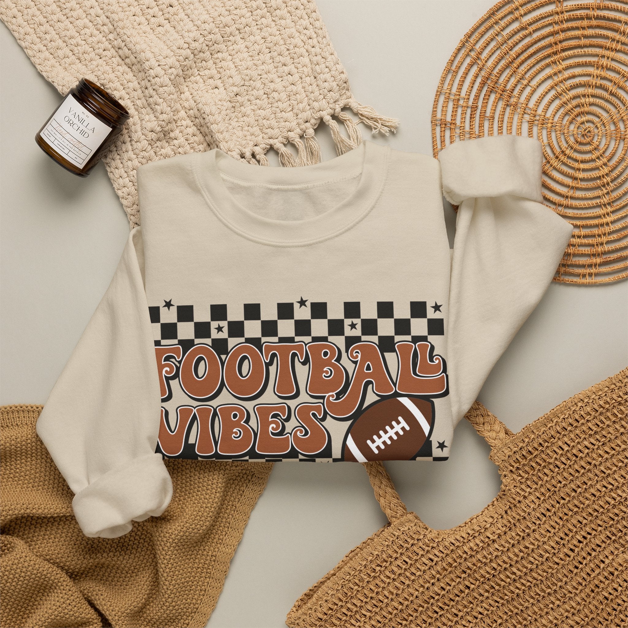Football Vibes Crewneck Sweatshirt — Retro Checkerboard Football Graphic