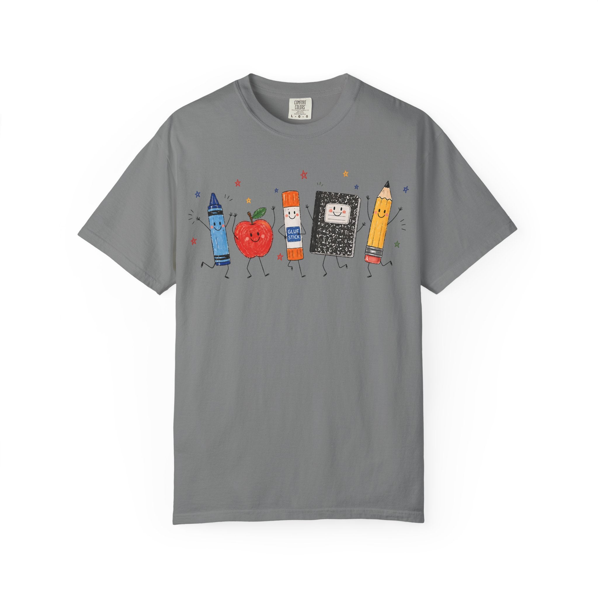 Cute School Supplies Teacher T-Shirt — Happy Apple, Crayon & Pencil Graphic Tee