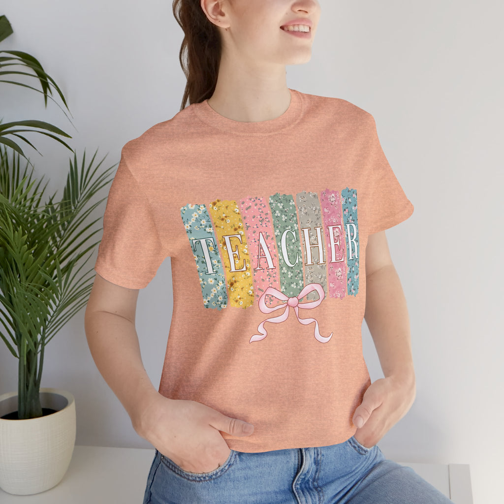 Teacher Floral Stripe T-Shirt - Pastel Ribbon Classroom Gift
