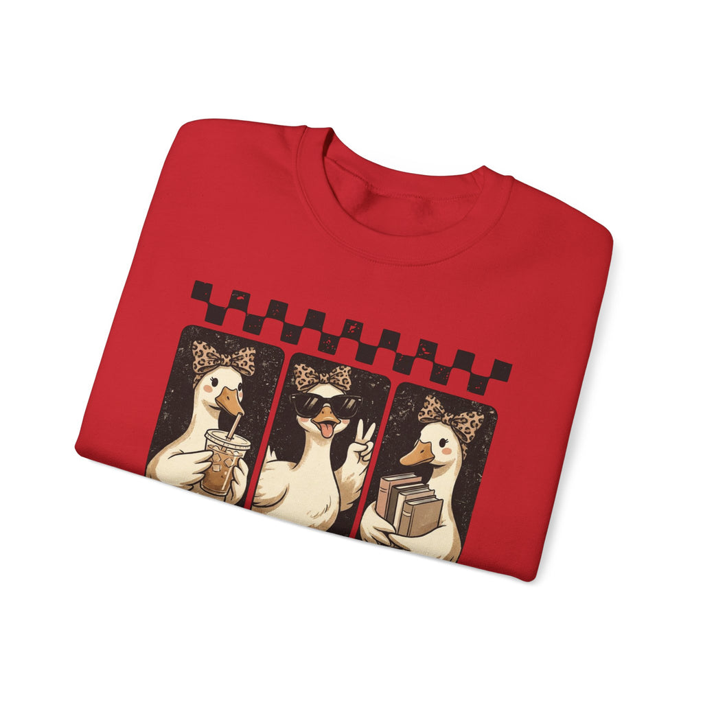 Duck Trio Crewneck Sweatshirt — Vintage Checkered Retro Goose Illustration