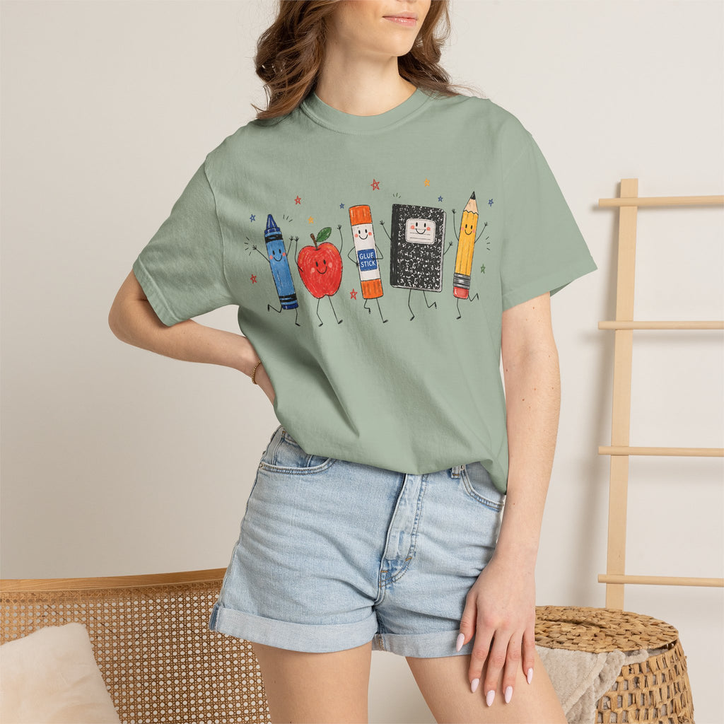 Cute School Supplies Teacher T-Shirt — Happy Apple, Crayon & Pencil Graphic Tee