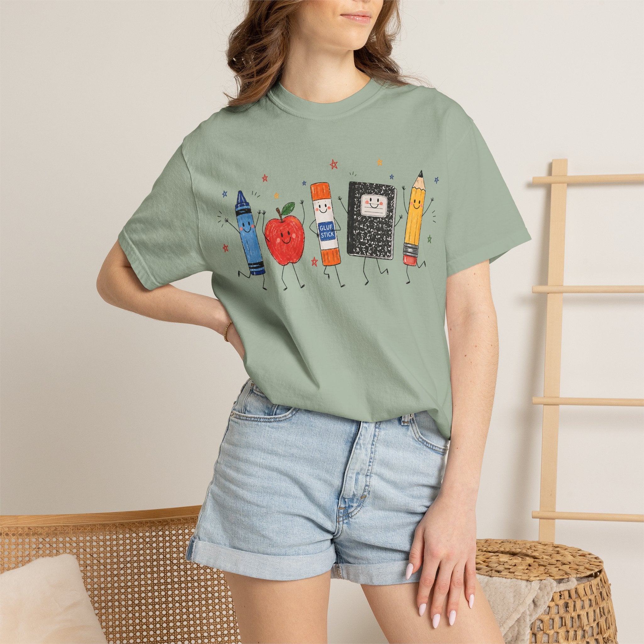 Cute School Supplies Teacher T-Shirt — Happy Apple, Crayon & Pencil Graphic Tee