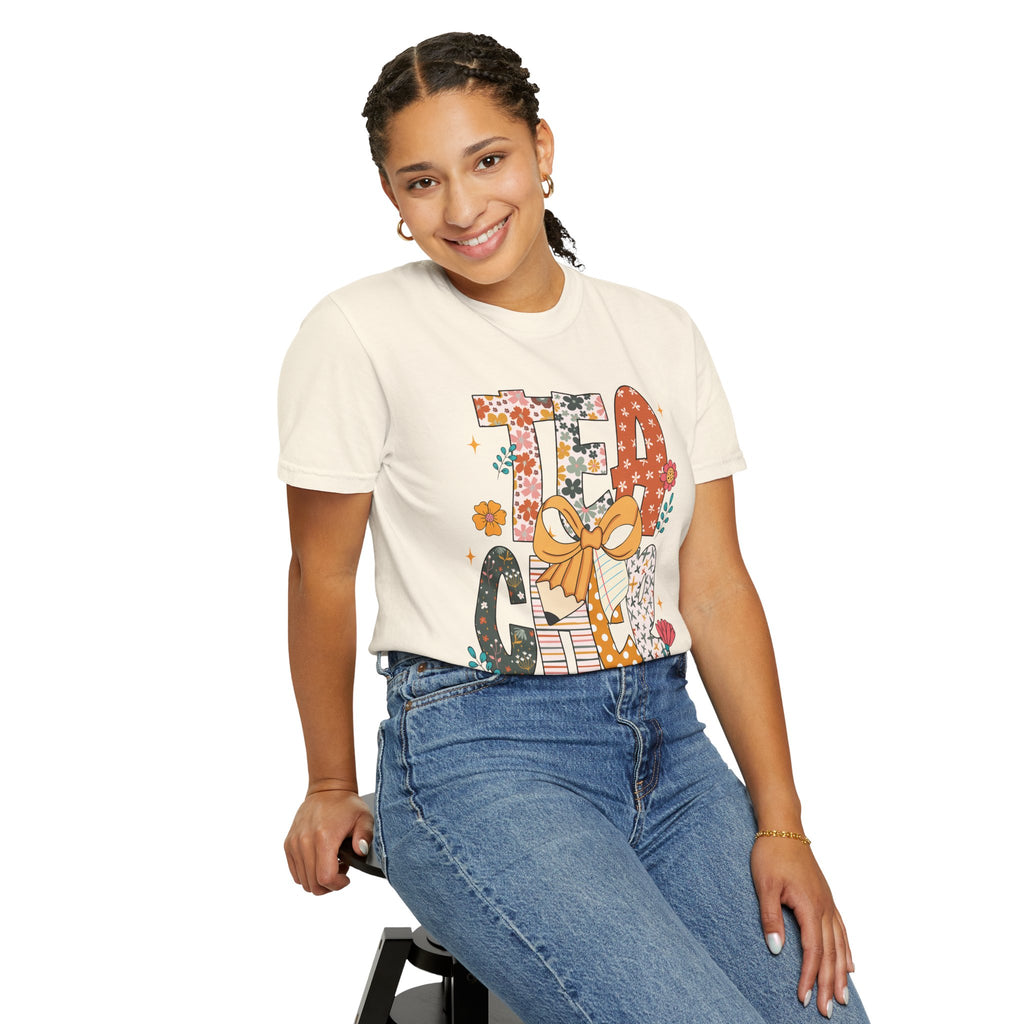 Teacher Graphic T-Shirt — Floral "Teacher" Design with Ribbon