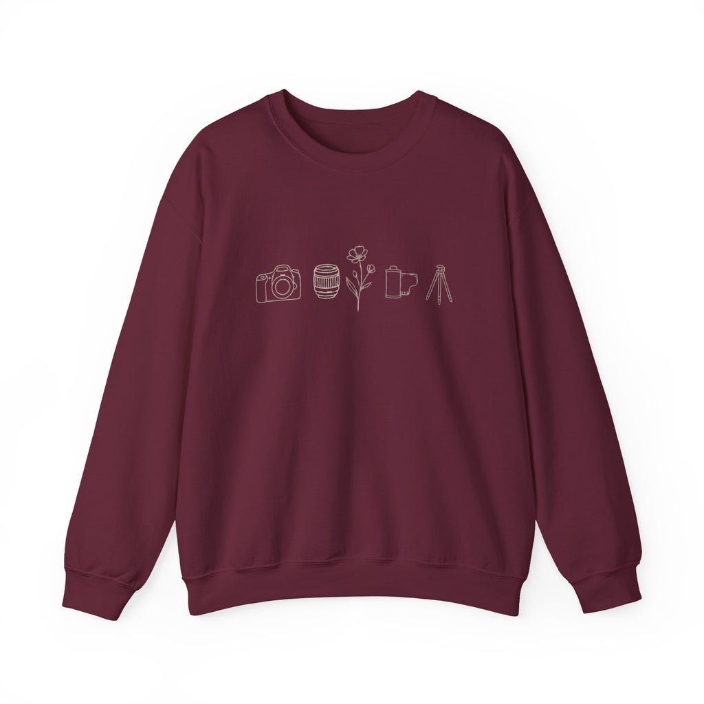 Photography Icons Crewneck Sweatshirt — Minimal Camera, Lens, Film & Tripod Design