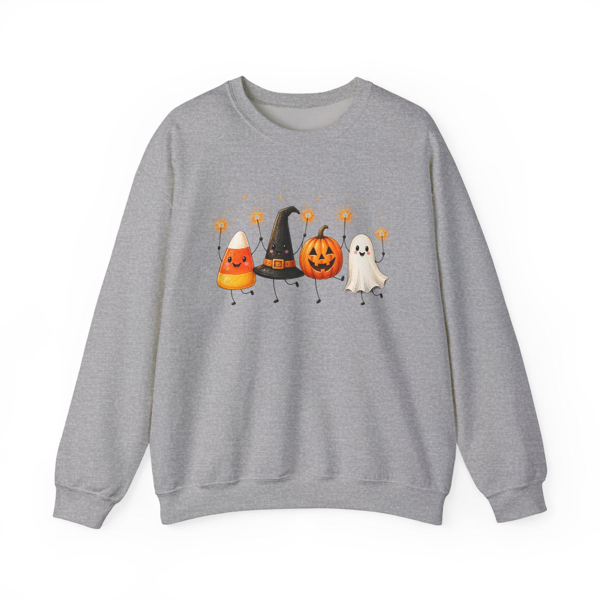 Halloween Friends Crewneck Sweatshirt — Cute Candy Corn, Witch Hat, Jack-o'-Lantern & Ghost Design