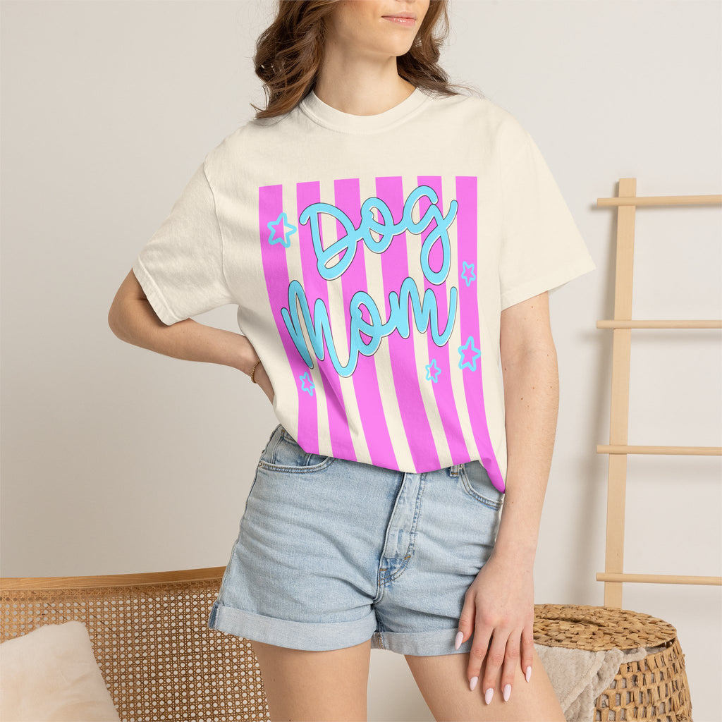 Dog Mom T-Shirt — Pastel Striped Graphic Tee for Pet Lovers