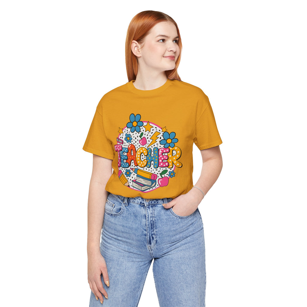 Teacher Doodle Graphic Tee — Colorful School Supplies Design