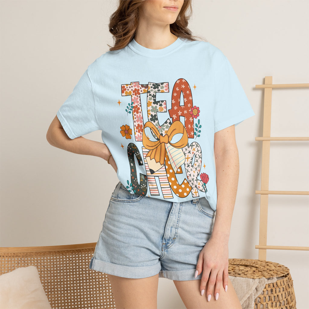 Teacher Graphic T-Shirt — Floral "Teacher" Design with Ribbon