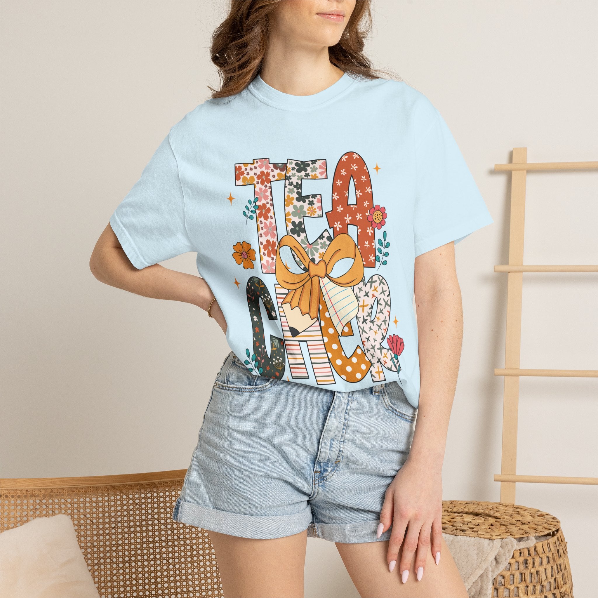 Teacher Graphic T-Shirt — Floral "Teacher" Design with Ribbon