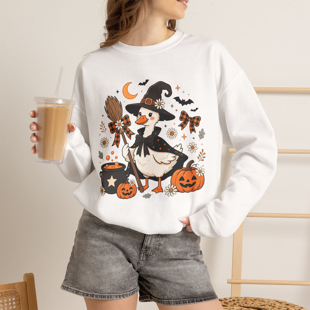 Halloween Duck Witch Crewneck Sweatshirt — Cute Pumpkin & Cauldron Graphic