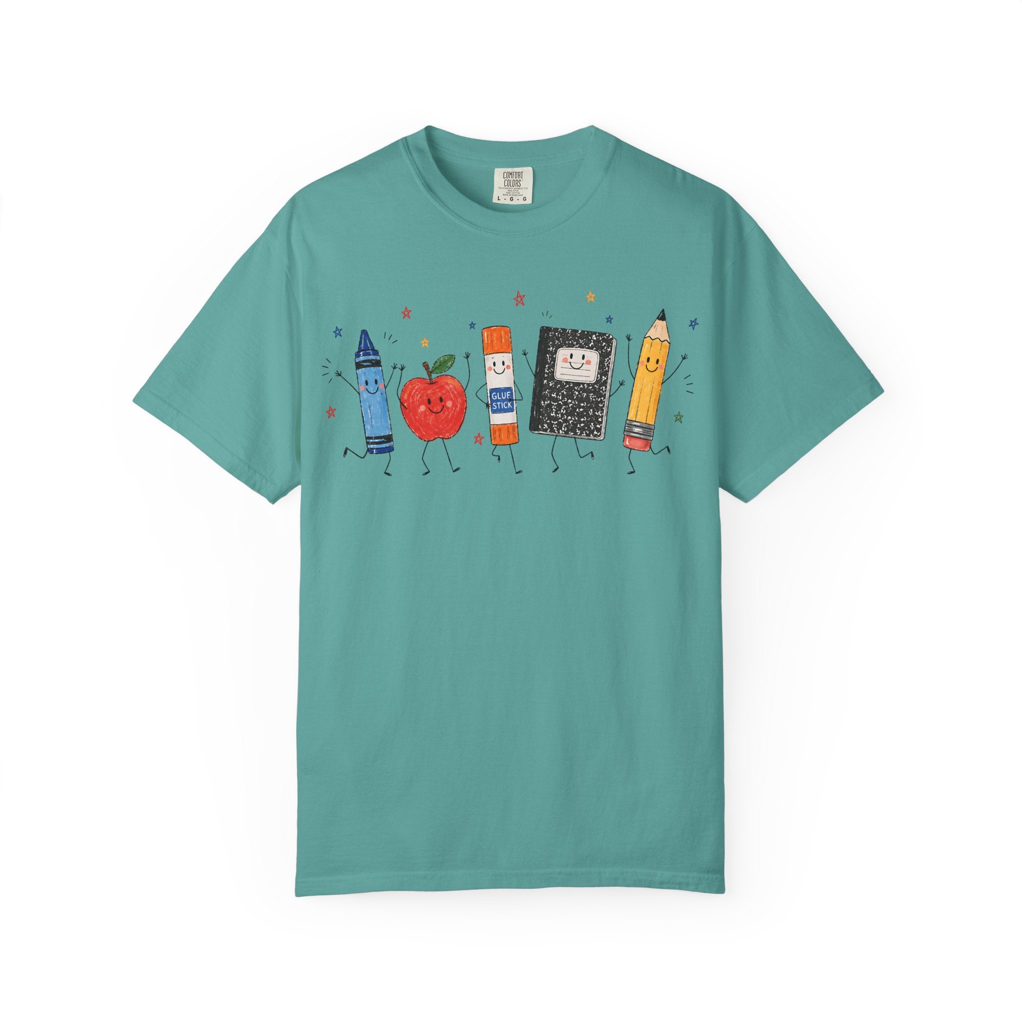 Cute School Supplies Teacher T-Shirt — Happy Apple, Crayon & Pencil Graphic Tee
