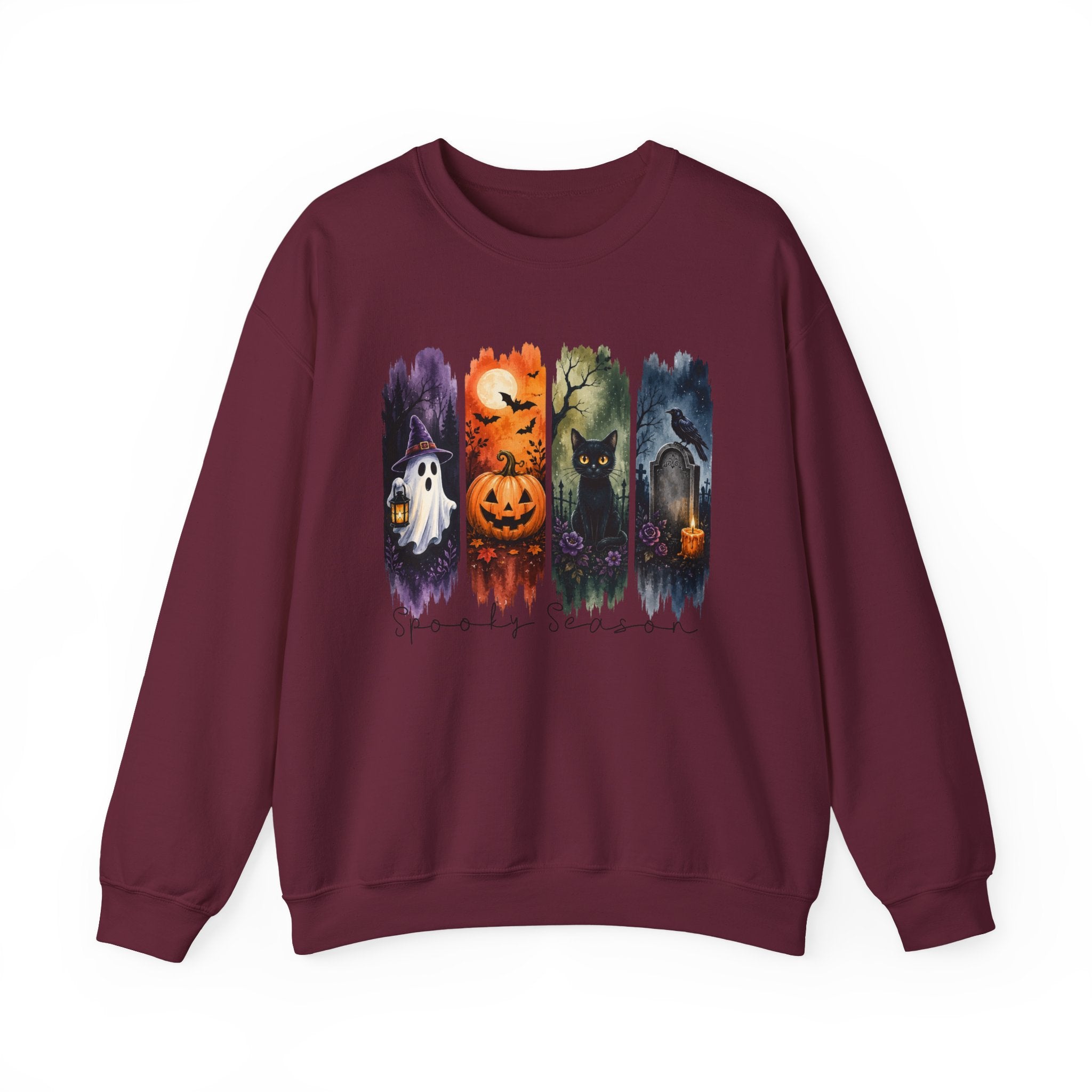 Halloween Seasons Crewneck Sweatshirt — Spooky Ghost, Jack-o'-Lantern & Haunted Night Design