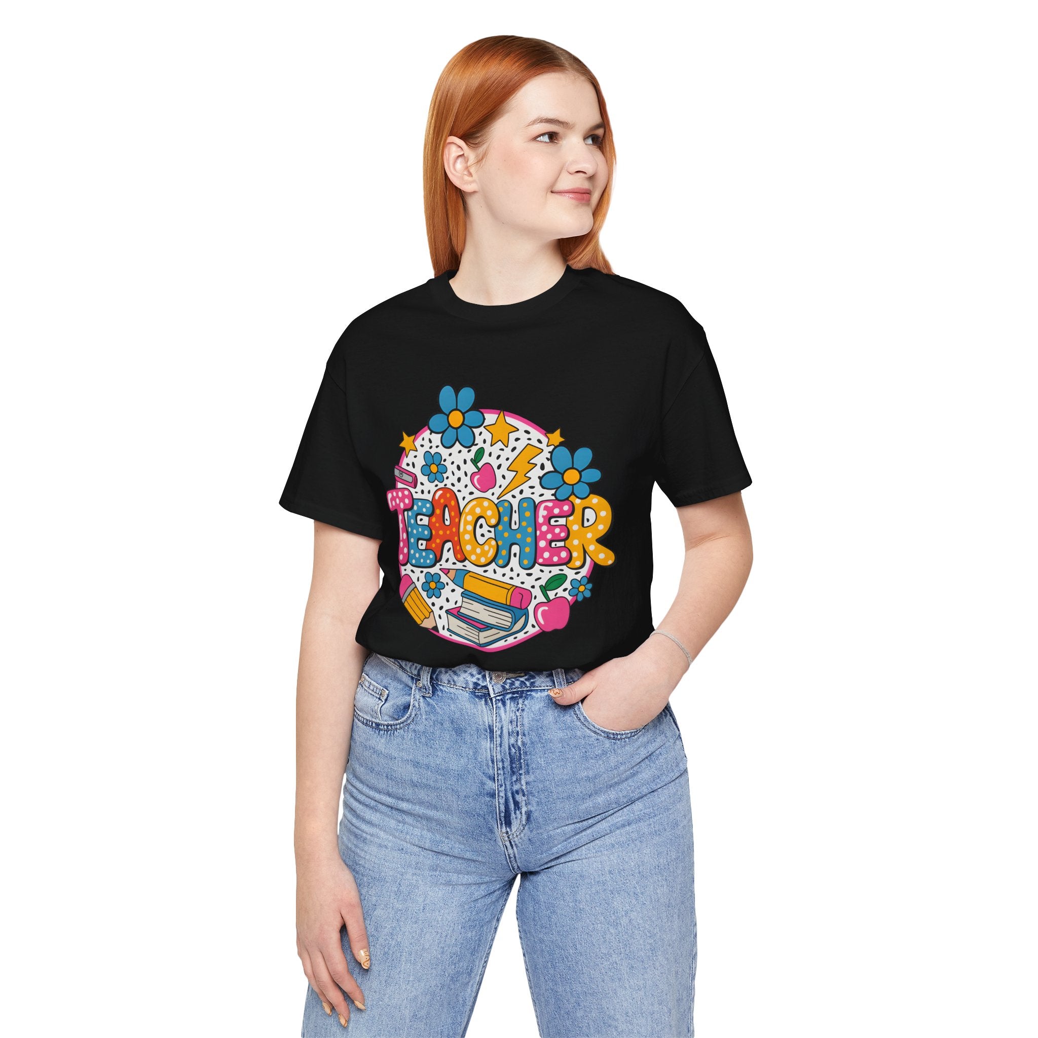 Teacher Doodle Graphic Tee — Colorful School Supplies Design