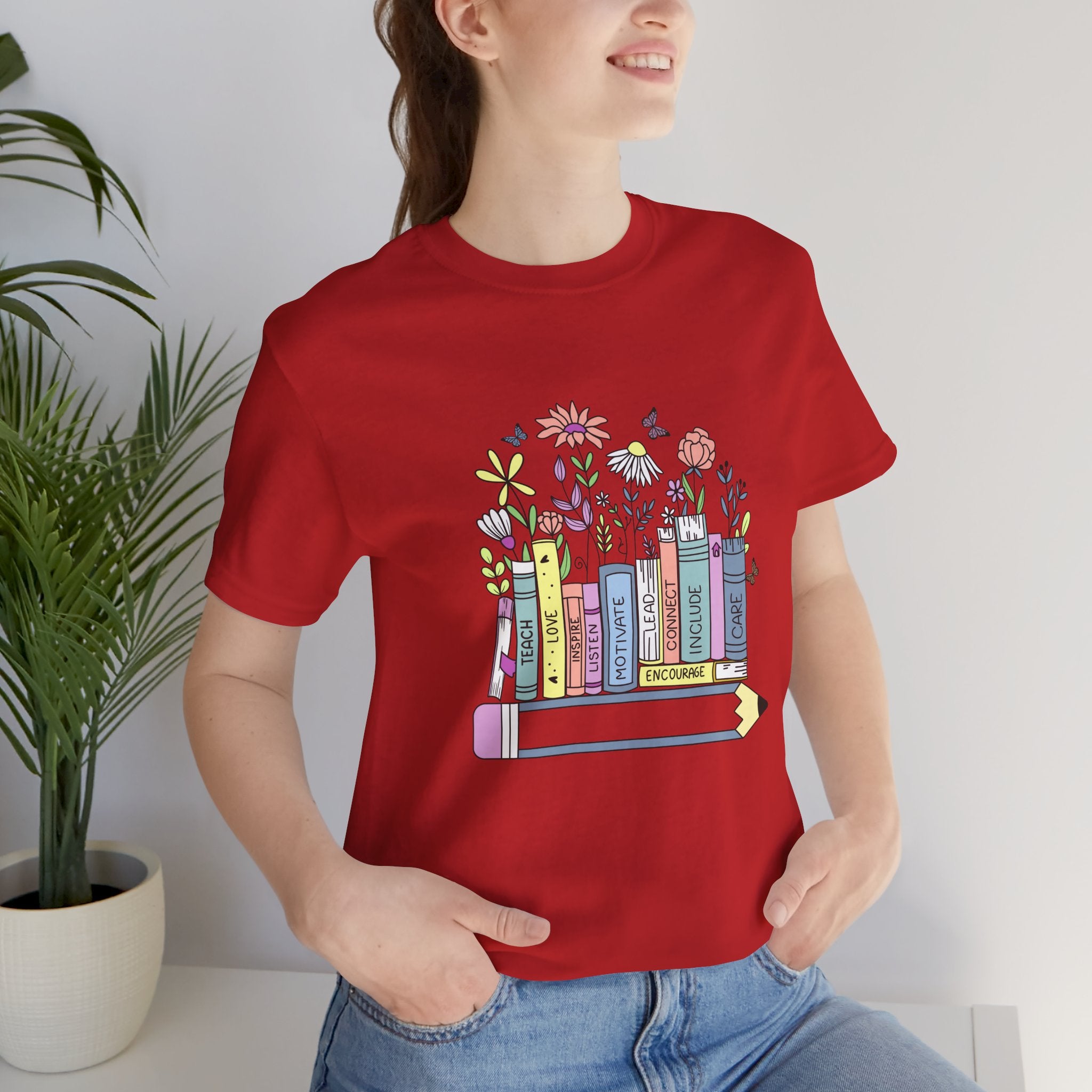 Book Lover T‑Shirt — Teacher Floral Books & Pencil Illustration Tee