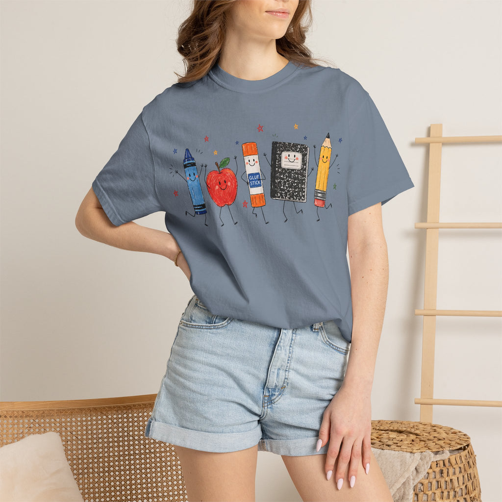 Cute School Supplies Teacher T-Shirt — Happy Apple, Crayon & Pencil Graphic Tee