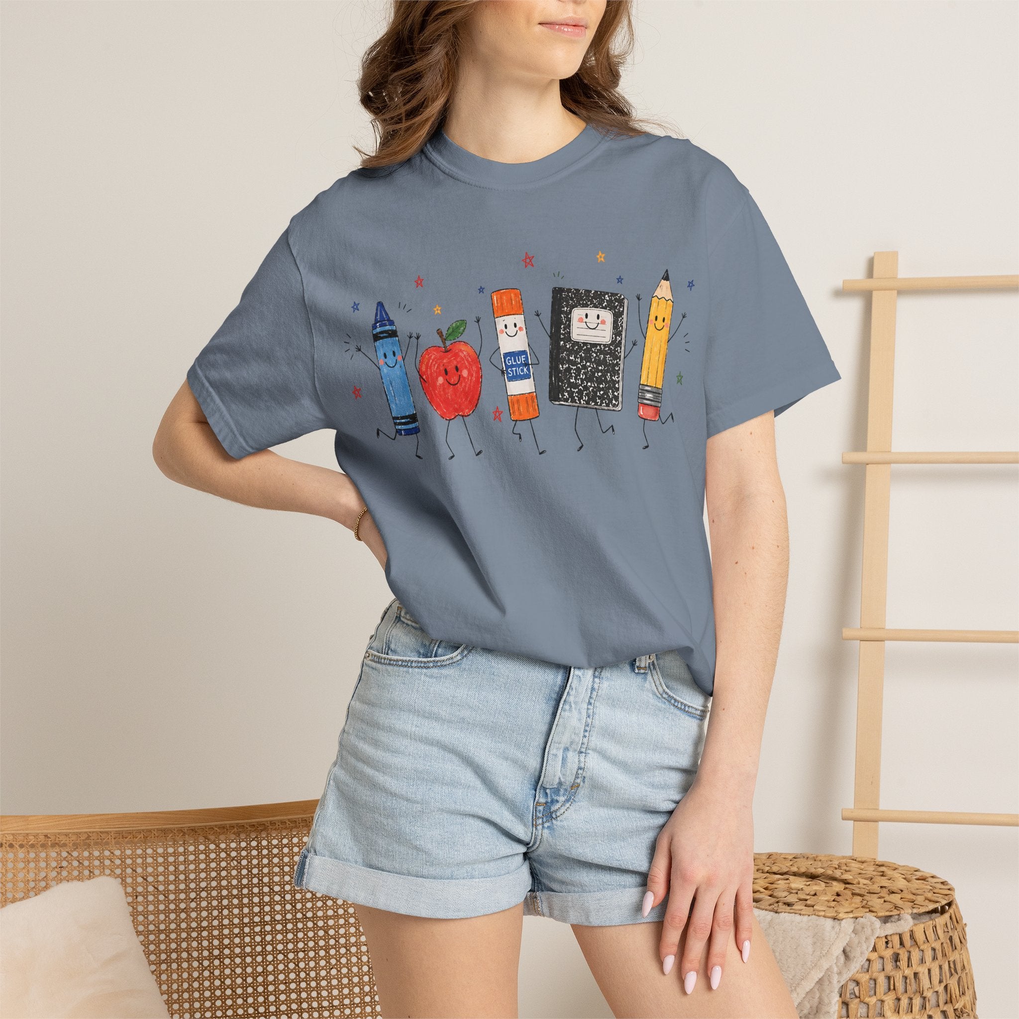 Cute School Supplies Teacher T-Shirt — Happy Apple, Crayon & Pencil Graphic Tee