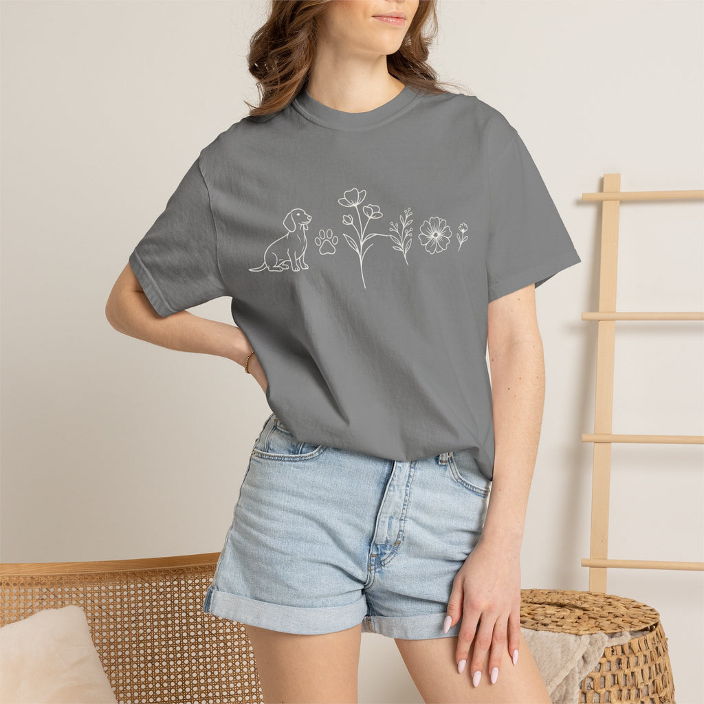Floral Dachschund Line Art T-Shirt — Minimal Dog & Wildflower Tee