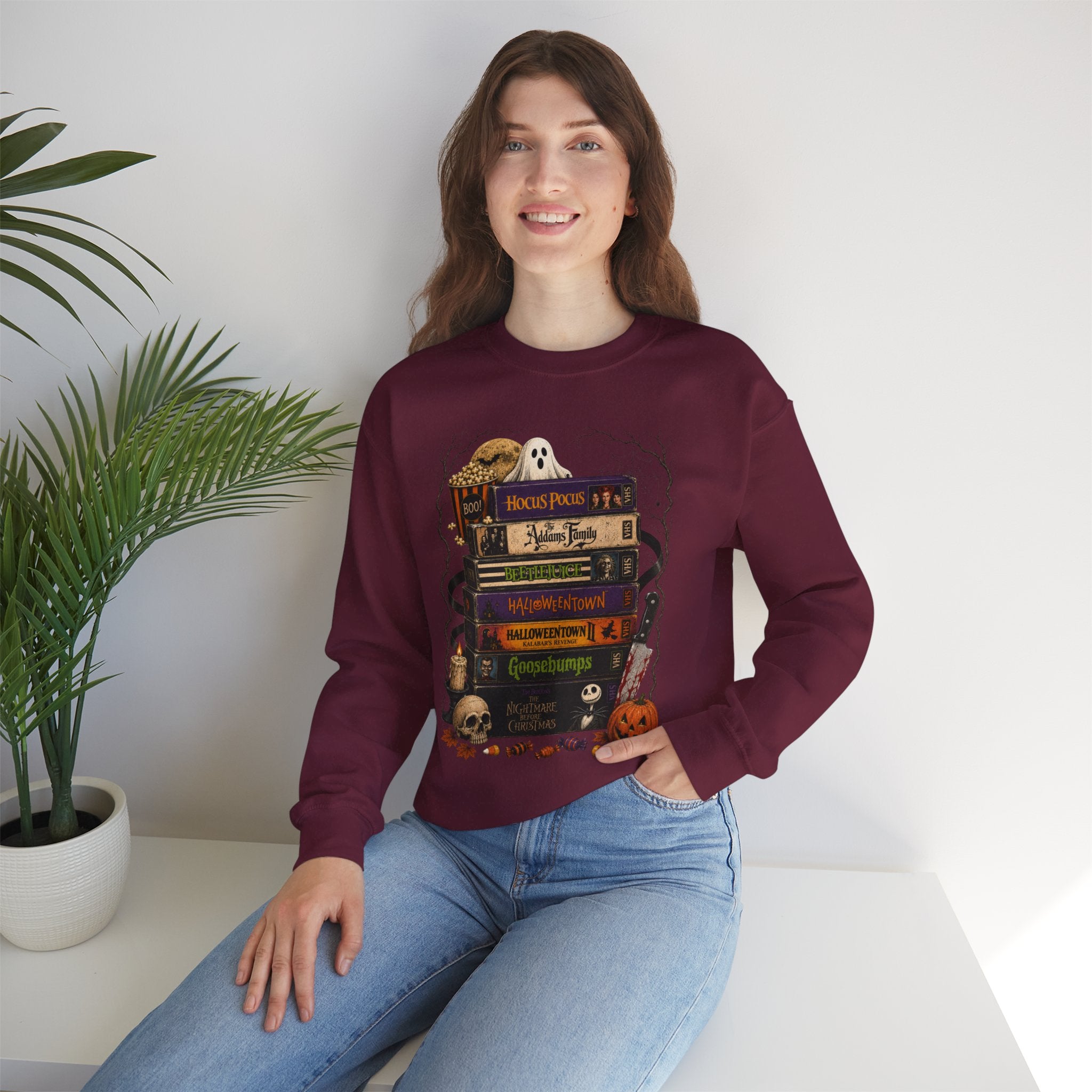 Halloween Book Stack Crewneck Sweatshirt — Spooky Classics Stack with Pumpkin & Skulls