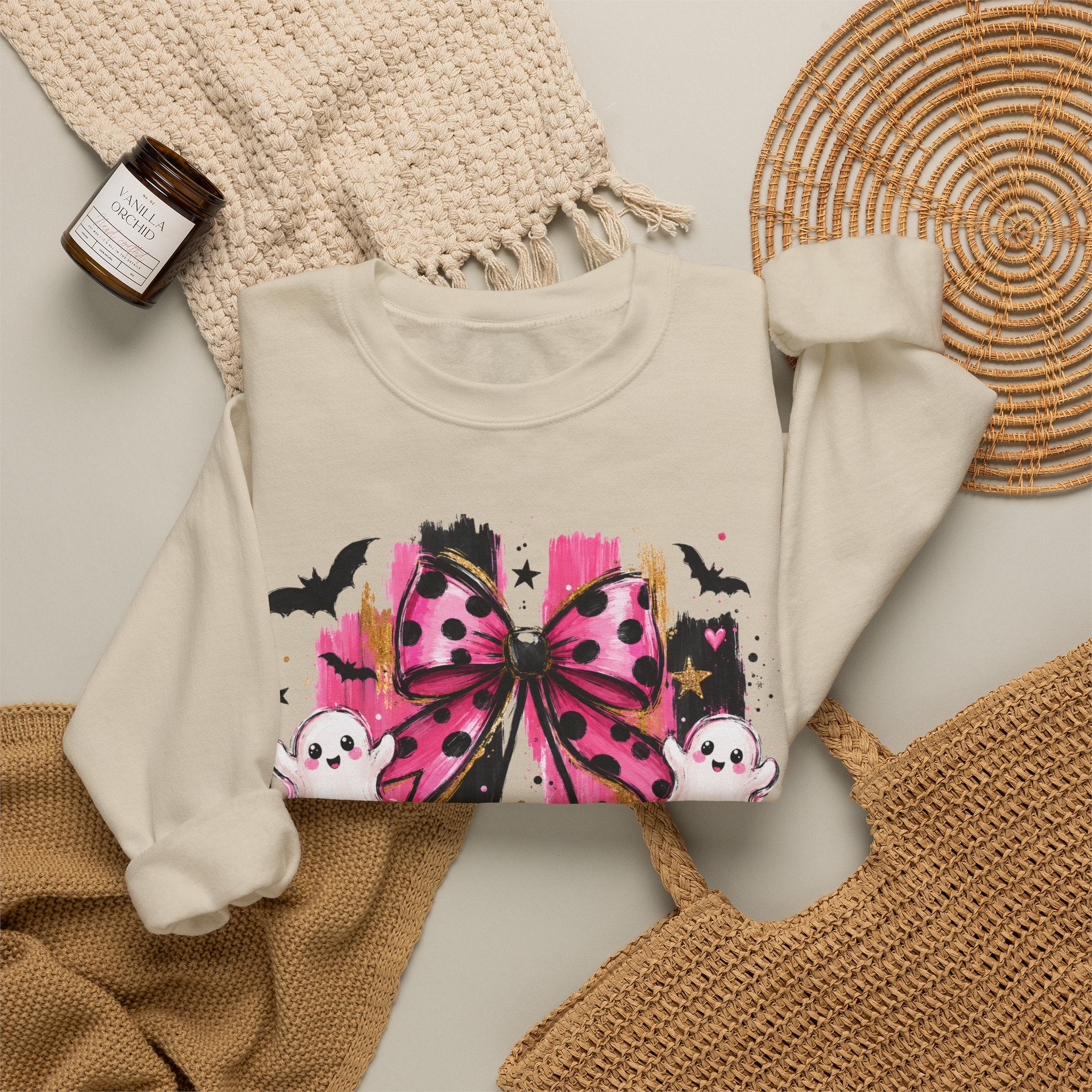 Halloween Pink Pumpkins Crewneck Sweatshirt — Cute Ghosts & Polka Dot Bow Design