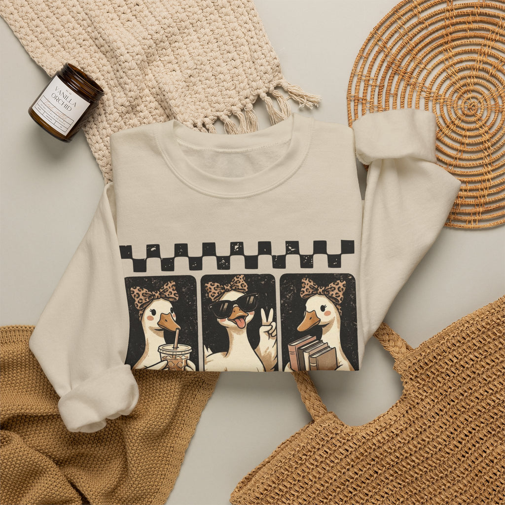 Duck Trio Crewneck Sweatshirt — Vintage Checkered Retro Goose Illustration