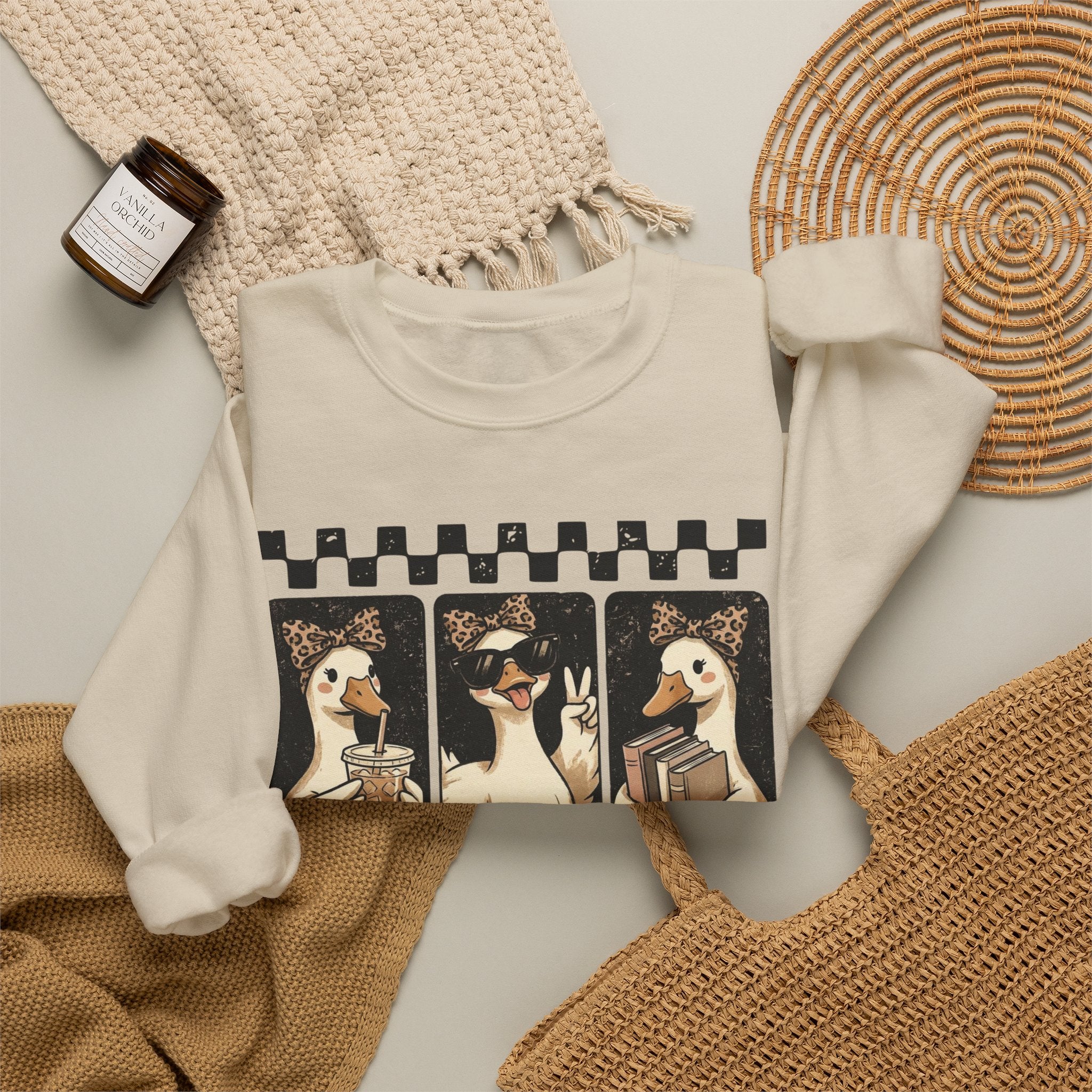 Duck Trio Crewneck Sweatshirt — Vintage Checkered Retro Goose Illustration
