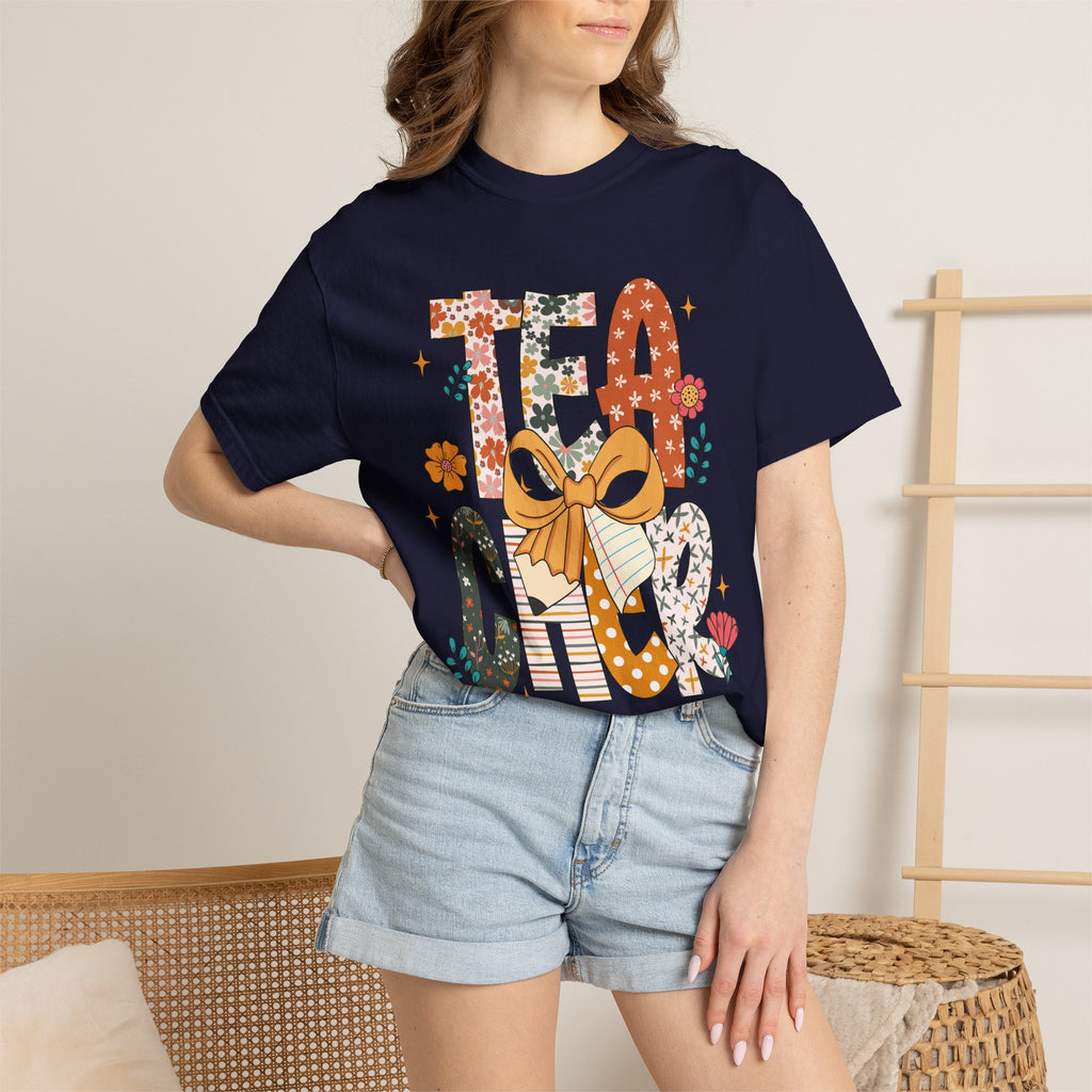 Teacher Graphic T-Shirt — Floral "Teacher" Design with Ribbon